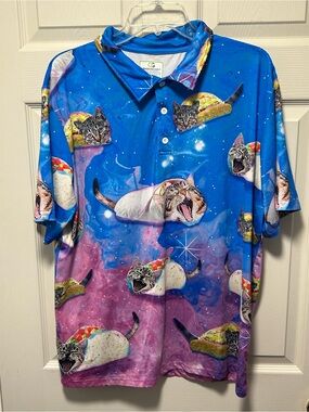 Obnoxious Golf Polo Shirt Mens L Cat Burito Taco AOP Print Golf Stretch